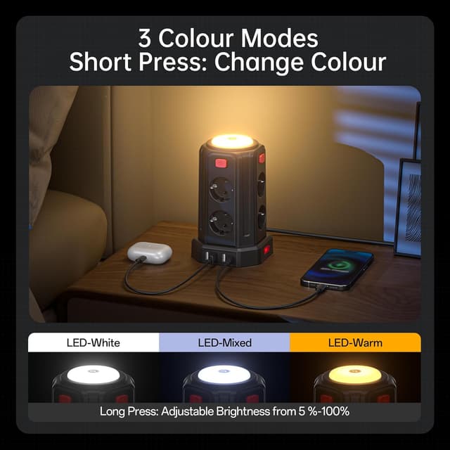 Detalle de Steckdosenleiste mit 4 USB und Licht, 16A