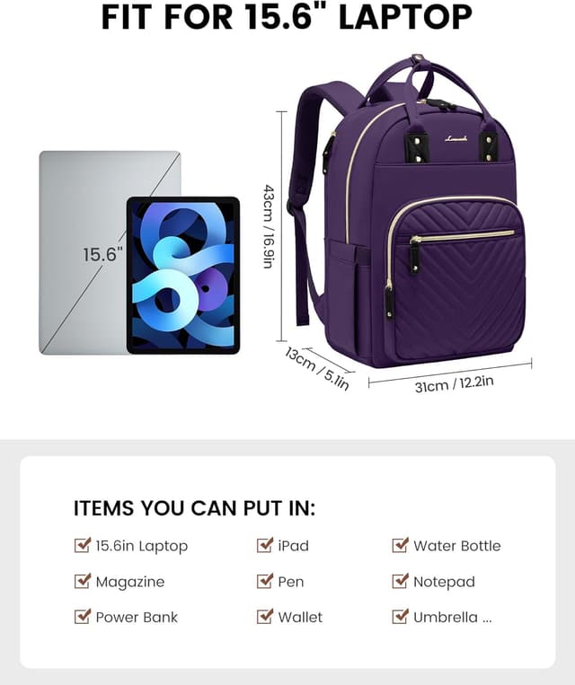 Detalle de LOVEVOOK Women’s Backpack for 15.6-inch Laptops (Purple) – Anti-theft Travel & Work Rucksack