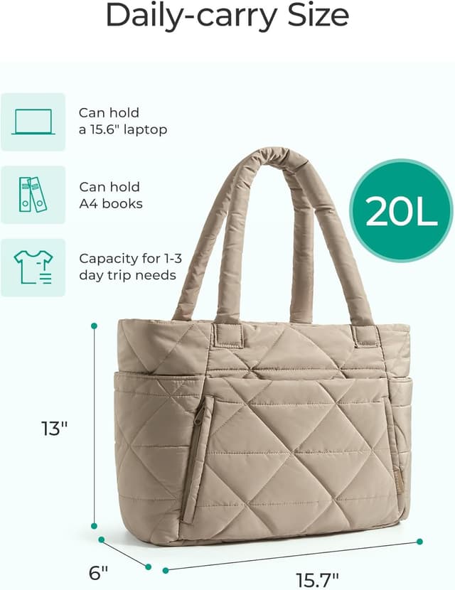 Detalle de BAGSMART Puffer Tote Bag for Women with Zipper, Quilted Shoulder Bag for Travel, Work, Gym