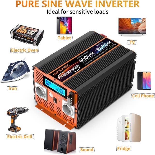 Detalle 2 de JARXIOKE Inverter 12V a 220V onda pura 4000W con telecomando, doppie prese AC e USB-C