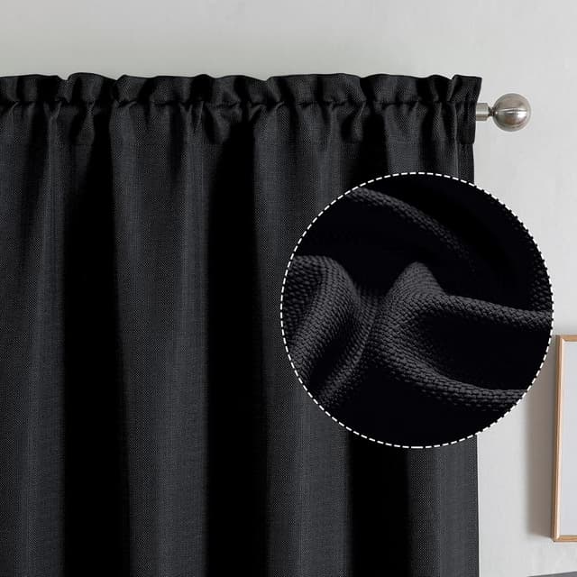 Detalle de Chyhomenyc Black Faux Linen Light Filtering Curtains, 84 Inches Long (2 Panels)