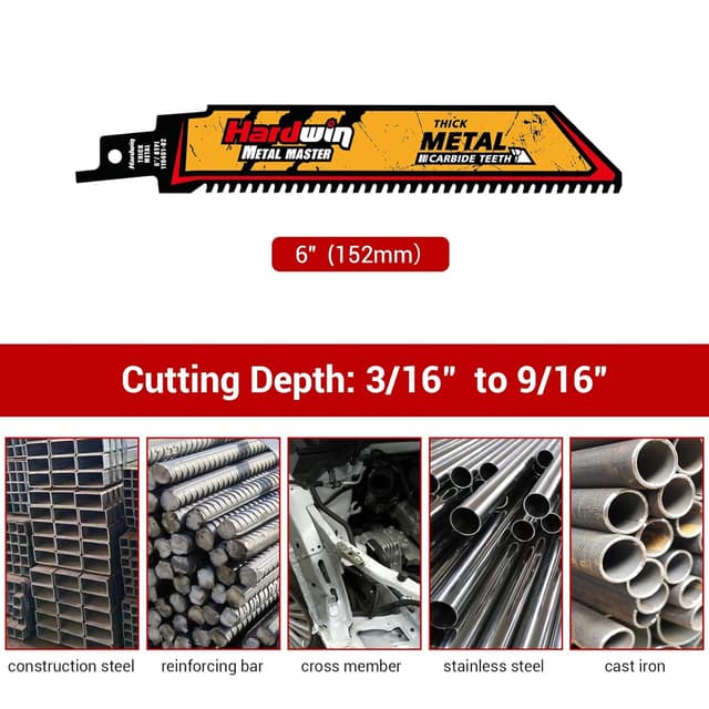 Detalle de Lot de 3 lames de scie sabre HARDWIN Hardwin 150 mm (6") 8 TPI carbure – pour métal épais, fonte et inox, emmanchement 1/2