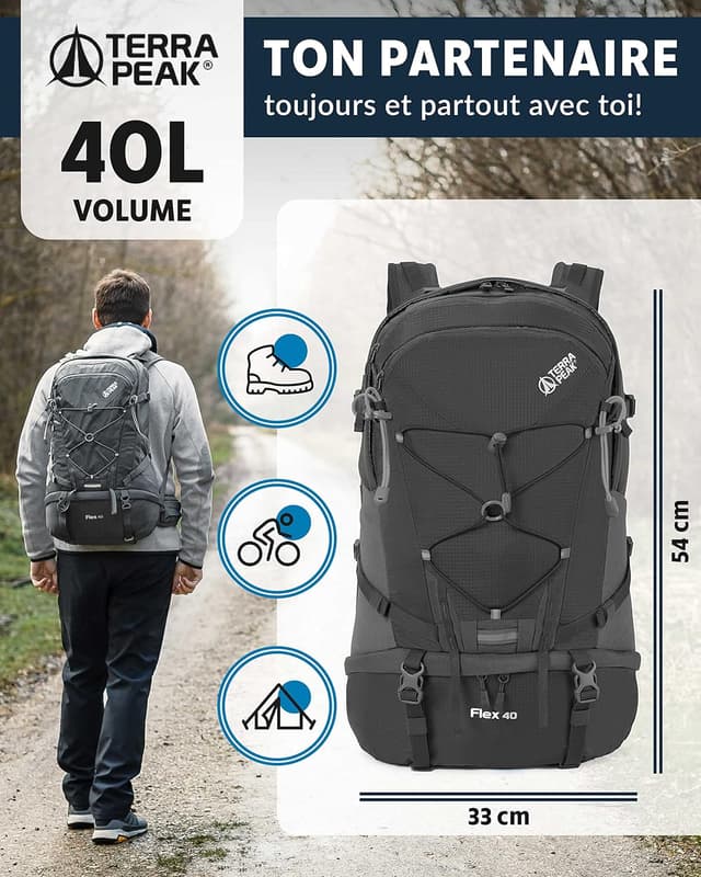 Detalle 2 de Terra Peak FLEX 40 – Sac à dos de randonnée 40L (FLEX 40) respirant et imperméable, conçu pour femme et homme