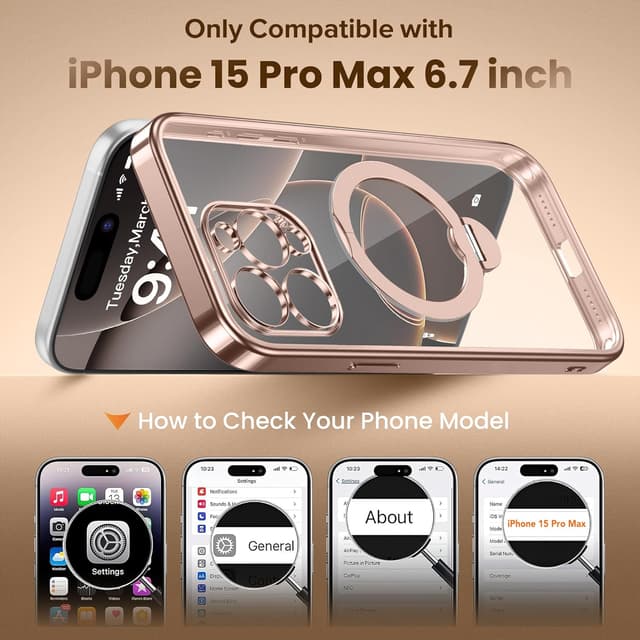Detalle 2 de Desert Titanium iPhone 15 Pro Max Case with 360° Magnetic Stand (MagSafe Compatible), Rose Gold/Clear