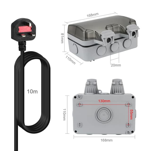 Detalle 2 de Waterproof Outdoor Sockets with 10m Extension Cord – IP66 Weatherproof Double Plug, External Wall 2 Gang Storm Switched Socket