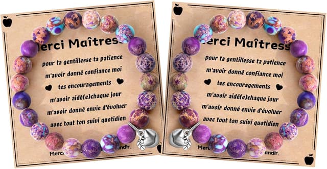 Detalle de SUNSH Cadeau Maîtresse : lot de 2 bracelets en pierre (pomme) avec cartes et pochons