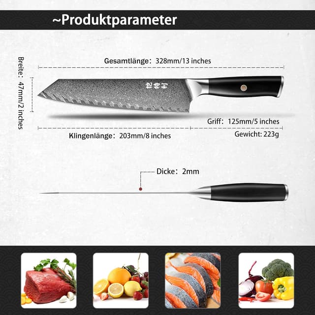 Detalle de Kitory Couteau de chef en acier Damas 20 cm (73 couches) – manche en pakkawood