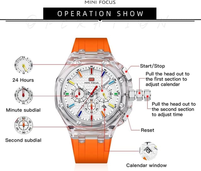 Detalle 2 de MF MINI FOCUS Mini Focus Men Watches : montre quartz multifonction à cadran analogique transparent, bracelet silicone