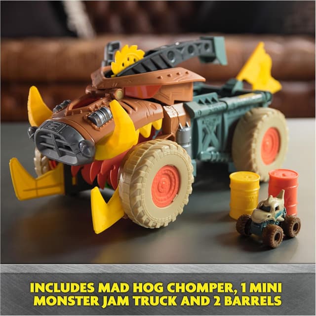 Detalle de Monster Jam Mini Jam Megalodon Mad Hog Chomper and Monster Truck (Fun Cleanup & Storage) Ages 3+