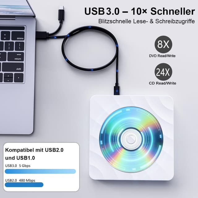 Detalle de Lettore CD/DVD esterno USB 3.0 Masterizzatore DVD per PC portatile (CD/DVD ±RW) compatibile Windows e macOS