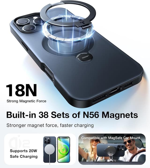 Detalle de Torras 360° Spin Magnetic Stand Case for iPhone 16 Pro Max (MagSafe) – 12FT shockproof, black