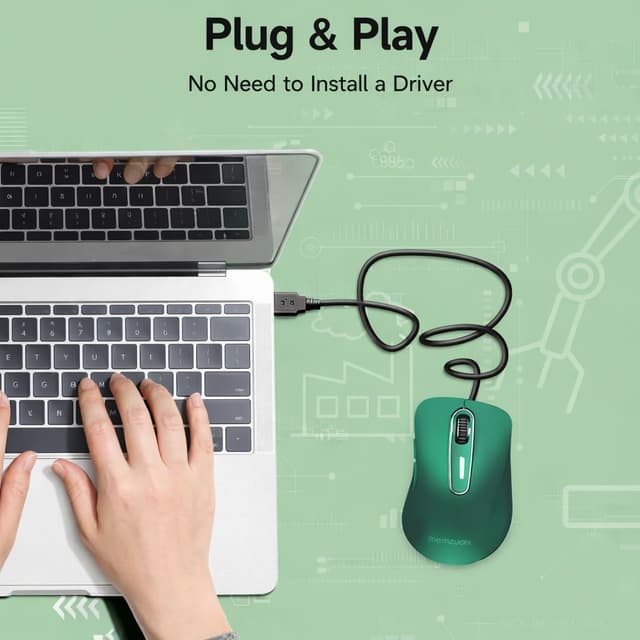 Thumbnail 6 de memzuoix Maus mit Kabel – optische USB-Maus mit 1400 DPI, 5 Tasten & ergonomischem Design (1,5-m-Kabel, dunkelgrün)
