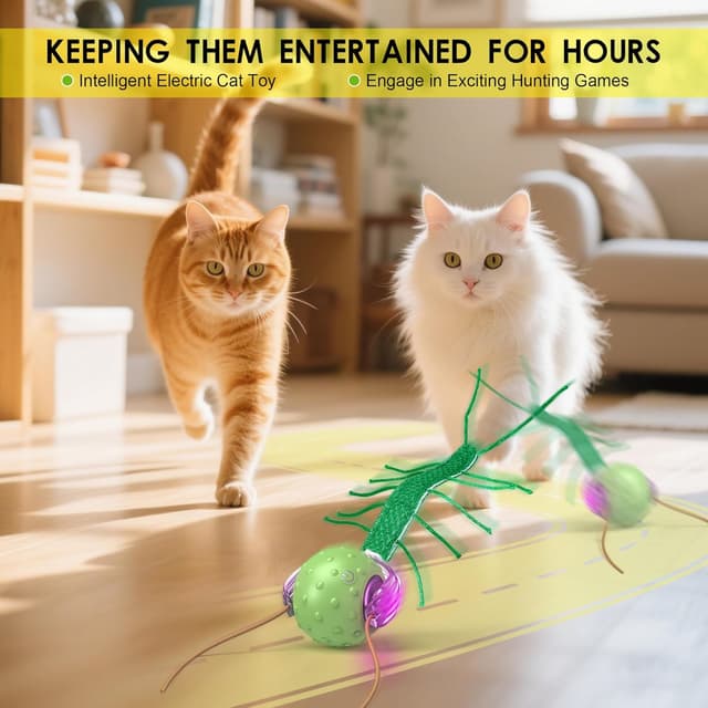 Detalle 2 de PUHOHUN balle de jeu automatique interactive pour chat d’intérieur (3 vitesses, silencieux, USB-C) – Vert