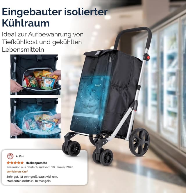 Detalle de Hoppa Einkaufstrolley – großer 74L klappbarer Einkaufswagen mit 6 Rädern und 5 Taschen
