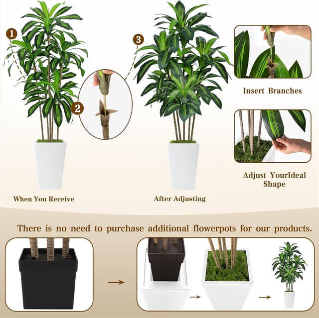 Detalle de 6FT Artificial Dracaena Tree in White Pot — Tall Fake Indoor Tree for Home & Office Decor