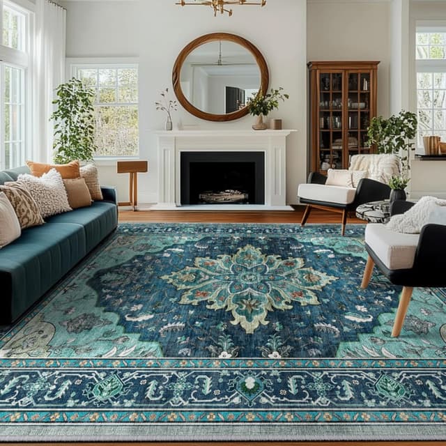 Imagen de RELEANY 8 x 10 Vintage Floral Area Rug teal en OfertitasTOP