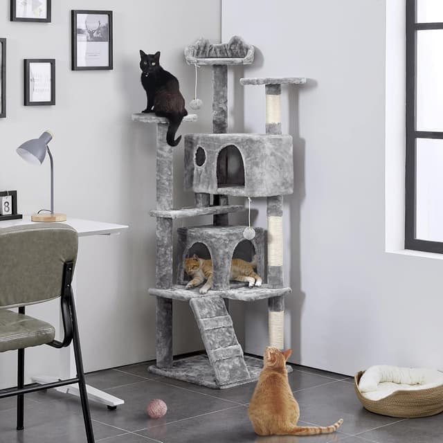 Detalle 2 de Yaheetech Cat Tree 158cm tower with scratching posts, 2 houses and dangling balls (light grey)
