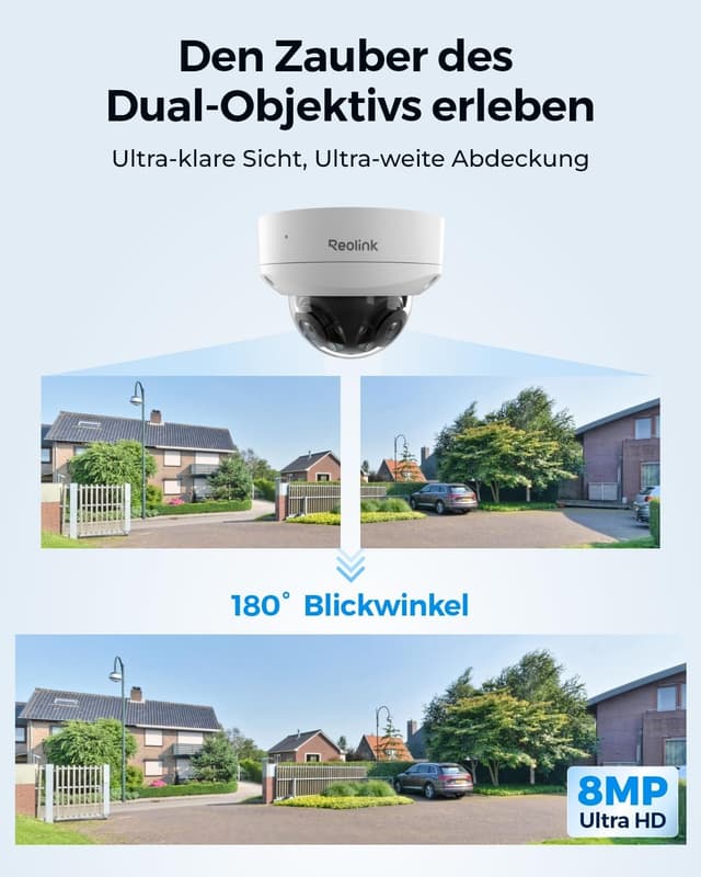 Detalle de Reolink Duo 2V PoE 4K 8MP IP-Kamera mit Dual-Objektiv (180°) und IK10-Vandalismusschutz