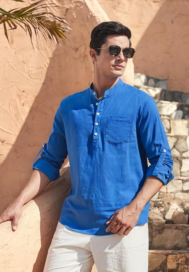 Detalle 2 de Enlision Herren Baumwoll-Leinenhemd Langarm Regular Fit – Sommerhemd mit Brusttasche