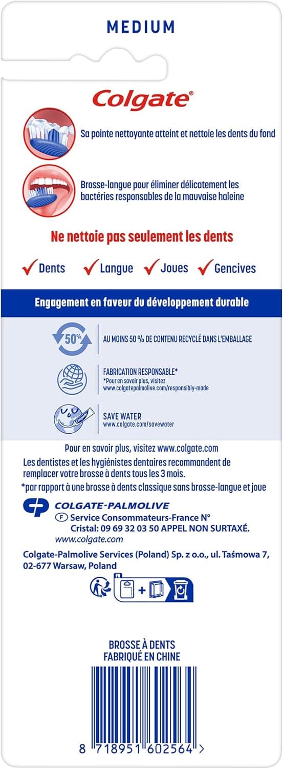 Detalle de Colgate Extra Clean Multi Action con filamenti circolari anti-macchia e pulitore lingua e guance (set da 4 spazzole)