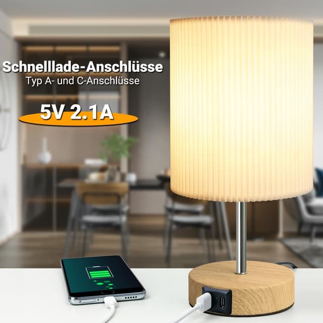 Detalle de HSLighting Touch-dimmbare Nachttischlampe mit USB A+C Schnellladen (E14 LED, 3 Helligkeitsstufen) – 2er-Set