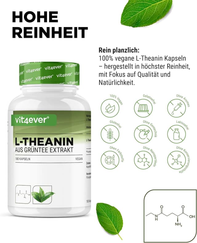 Detalle de L-Theanin – 180 Kapseln mit 750 mg pro Tagesportion (2 Kapseln) aus Grüntee-Extrakt – vegan