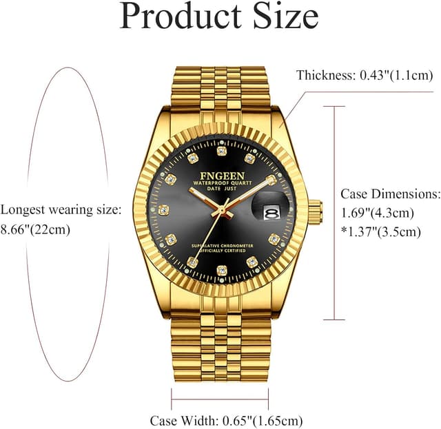 Detalle de Avaner Herren Uhr Golden Armbanduhr mit Strasssteinen, leuchtenden Zeigern und Edelstahlarmband (analog, Quarz)