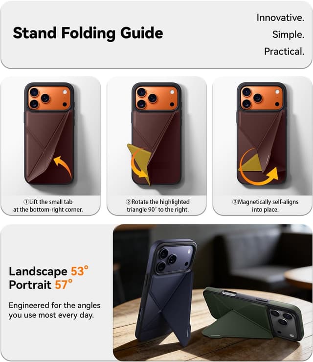 Detalle 2 de Peerock X Fold Stand Case for iPhone 17 Pro with MagSafe (Nano TechWoven, 16FT Drop Protection) — Ochre