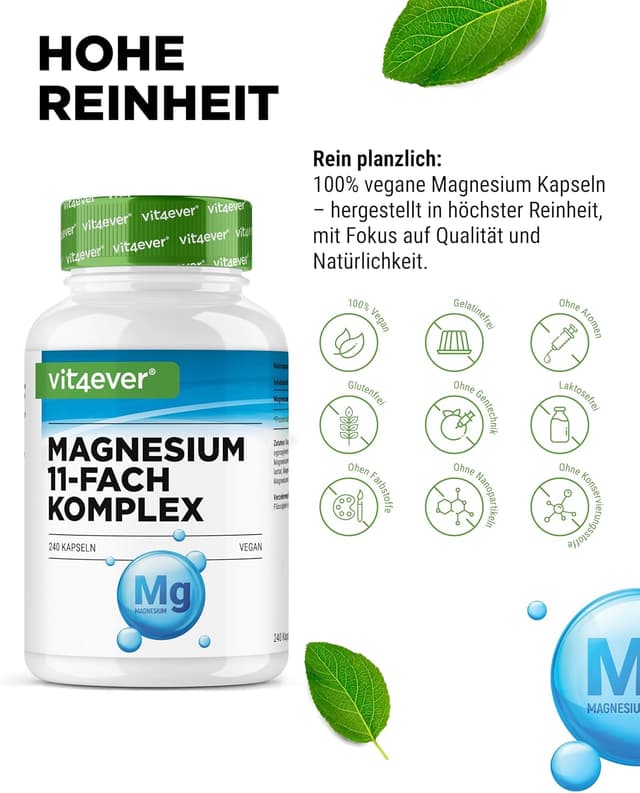Detalle de vit4ever Magnesium Komplex – 240 Kapseln mit 408 mg elementarem Magnesium täglich (vegan)