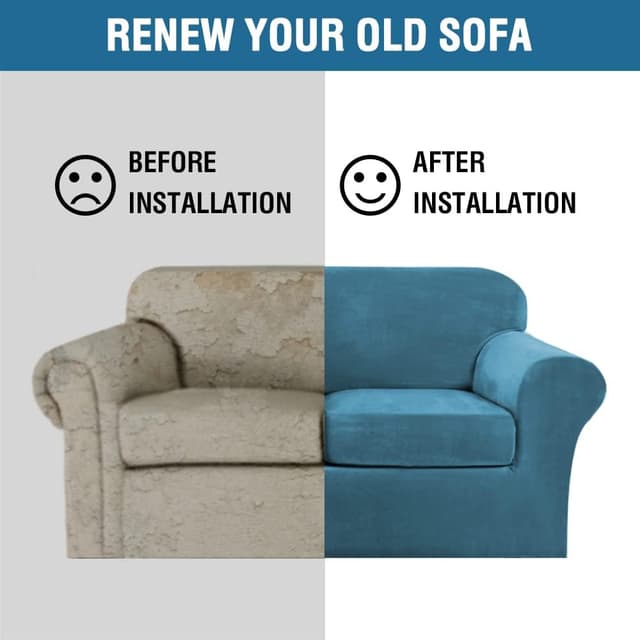 Detalle de H.VERSAILTEX Real Velvet Plush 3-Piece Stretch Sofa Covers (Large, Peacock Blue) for 2 Cushions