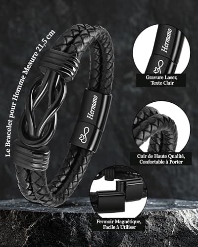 Detalle de VU100 Pulsera de cuero “Hermano” con cierre magnético de acero inoxidable 316L