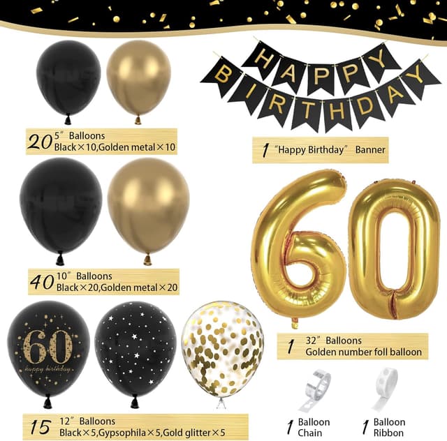 Detalle de Schwarz-Gold 60 Geburtstag Deko mit Happy Birthday Banner & Luftballons – Set für Mann & Frau