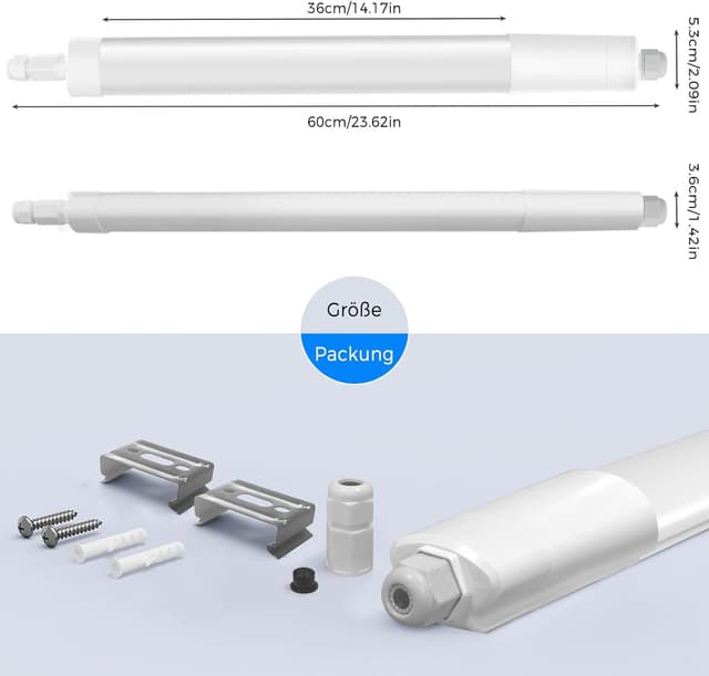 Detalle de Peasur 2er-Set Feuchtraumleuchten LED 60 cm (IP65) mit 3 Farbtemperaturen 18 W