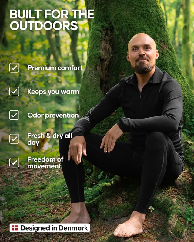 Detalle de DANISH ENDURANCE Merino Wool Half Zip Base Layer Set for Men (Long Johns & Long Sleeve Top)
