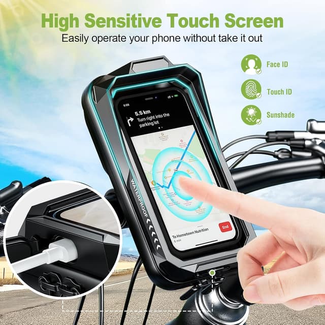 Detalle de BTNEEU Waterproof Motorcycle Phone Mount (Black) – 360° Rotatable, Touch Screen Sun Visor Holder for Phones up to 7.0