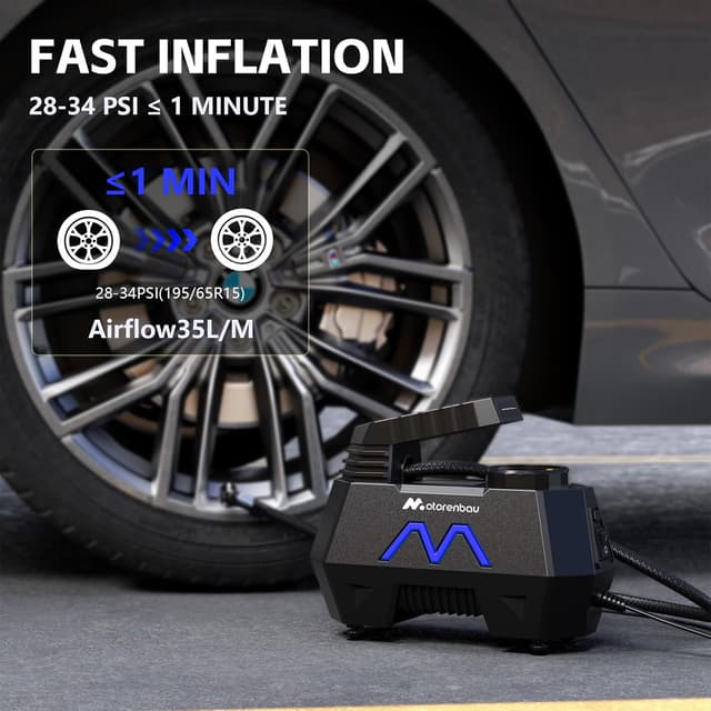 Detalle de Motorenbau Gonfleur de pneus portable 12 V avec manomètre numérique et LED (jusqu’à 150 PSI)