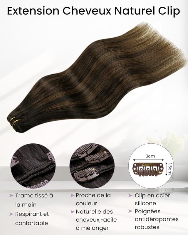 Detalle de LaaVoo Extension de cheveux naturels à clip pour balayage brun foncé à clair (5 pièces) – 30 cm, 80 g