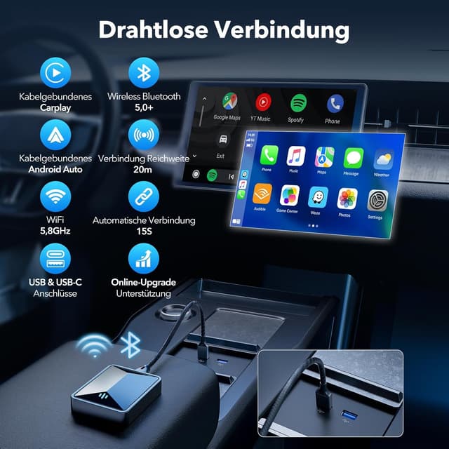Detalle 2 de LAMTTO Adaptador Carplay Inalámbrico 2 en 1 5,8GHz