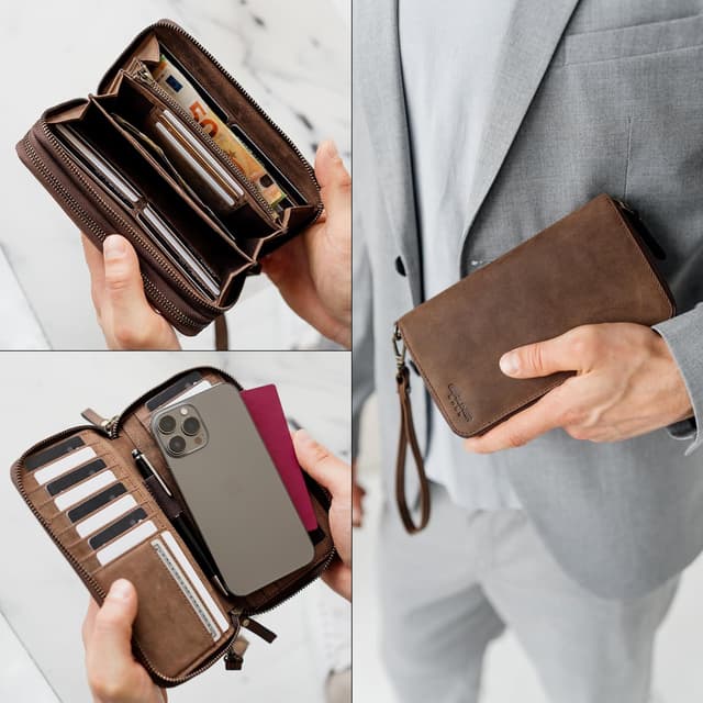 Detalle de Berliner Bags Dallas Grand Portefeuille en cuir véritable avec protection RFID – marron