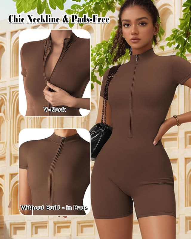 Detalle de Merlvida Sport-Jumpsuit für Damen – Kurz, eng & nahtloser Gym-/Yoga-Overall mit Reißverschluss