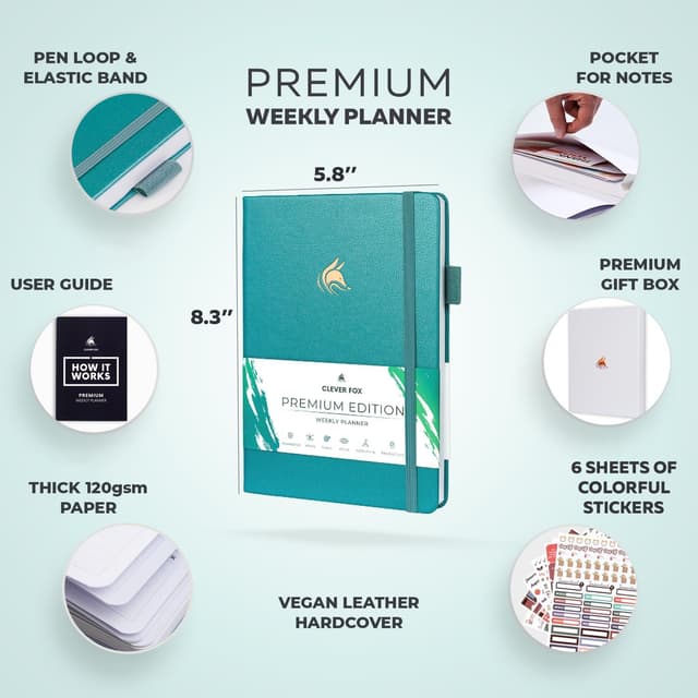 Detalle 2 de Clever Fox Planner Premium A5 (Aquamarine) – Undated weekly & monthly organiser with vegan leather cover