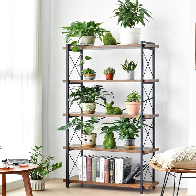 Detalle de HCHQHS 5-Tier Industrial Bookshelf with Metal Frame and Rustic Wooden Shelves (Freestanding)