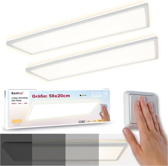 Detalle de BestLuz LED-Deckenleuchte 58x20 cm, dreistufig dimmbar (2er-Set) – IP44, 3.000 lm, 24 W