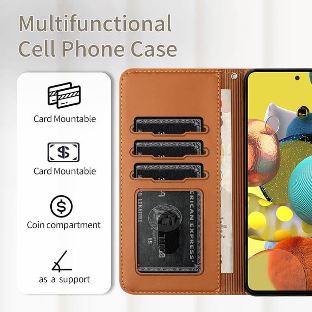 Detalle de FALUWONRU Klapphülle für Samsung Galaxy A51 5G (PU-Leder/TPU) mit Kartenfächern, Standfunktion und Magnetverschluss – Braun