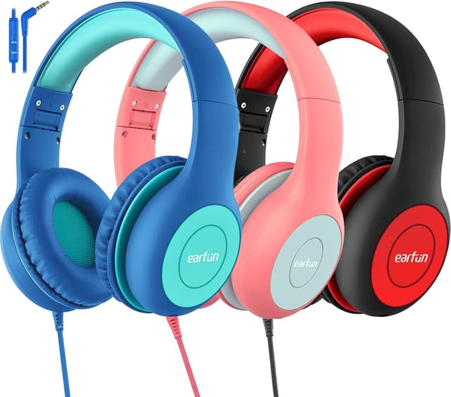 Detalle de EarFun Kids Headphones 3 Pack (Wired) with 85/94dB Volume Limit, Sharing Port & Foldable Fit – Blue/Green