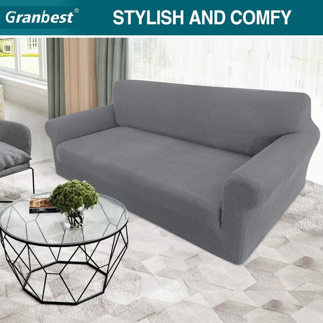 Detalle 2 de Granbest High Stretch Sofa Covers 3 Seater – Light Gray non-slip super soft jacquard spandex sofa slipcover