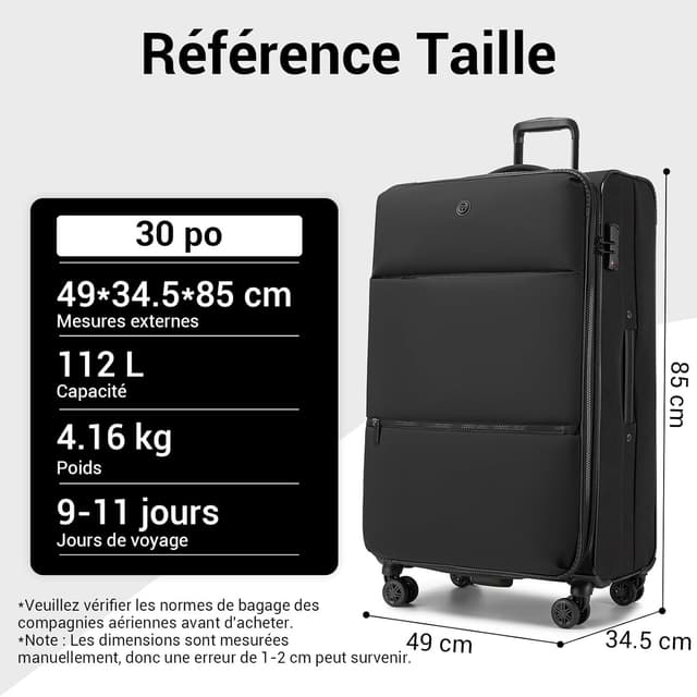 Detalle 2 de Miss Lulu Valise grande taille 30 pouces 85 cm extensible (112 L) souple avec serrure TSA et roues 360°