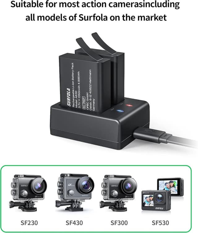 Detalle de Batteries rechargeables Surfola (compatible Wolfang) 1350 mAh pour caméra sport – pack de 2 + chargeur USB double