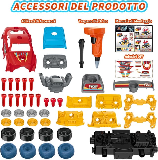Detalle de Pup Go Auto 3-in-1 smontabile con trapano elettrico e 46 pezzi (rosso)