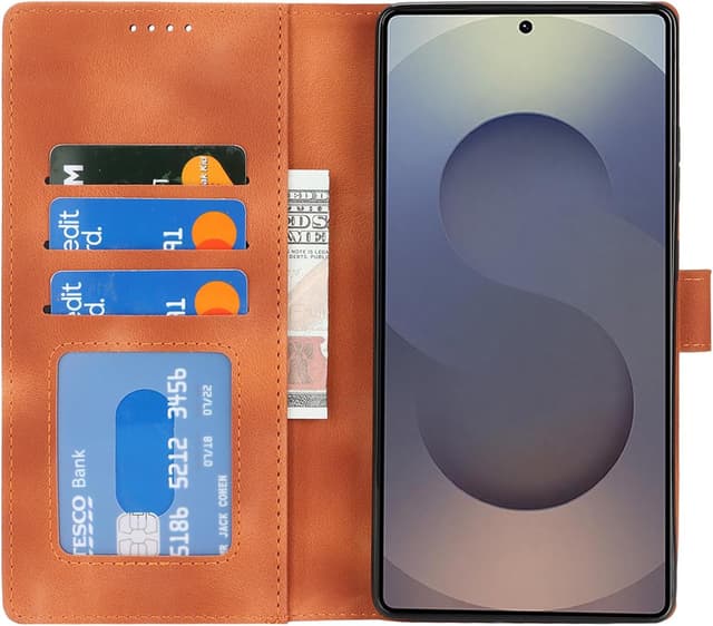 Detalle 2 de Zouzt Hülle für Samsung Galaxy S25 Ultra – stoßfeste PU-Leder Flip-Hülle mit Kartenhalter und Standfunktion (Vintage Hellbraun)